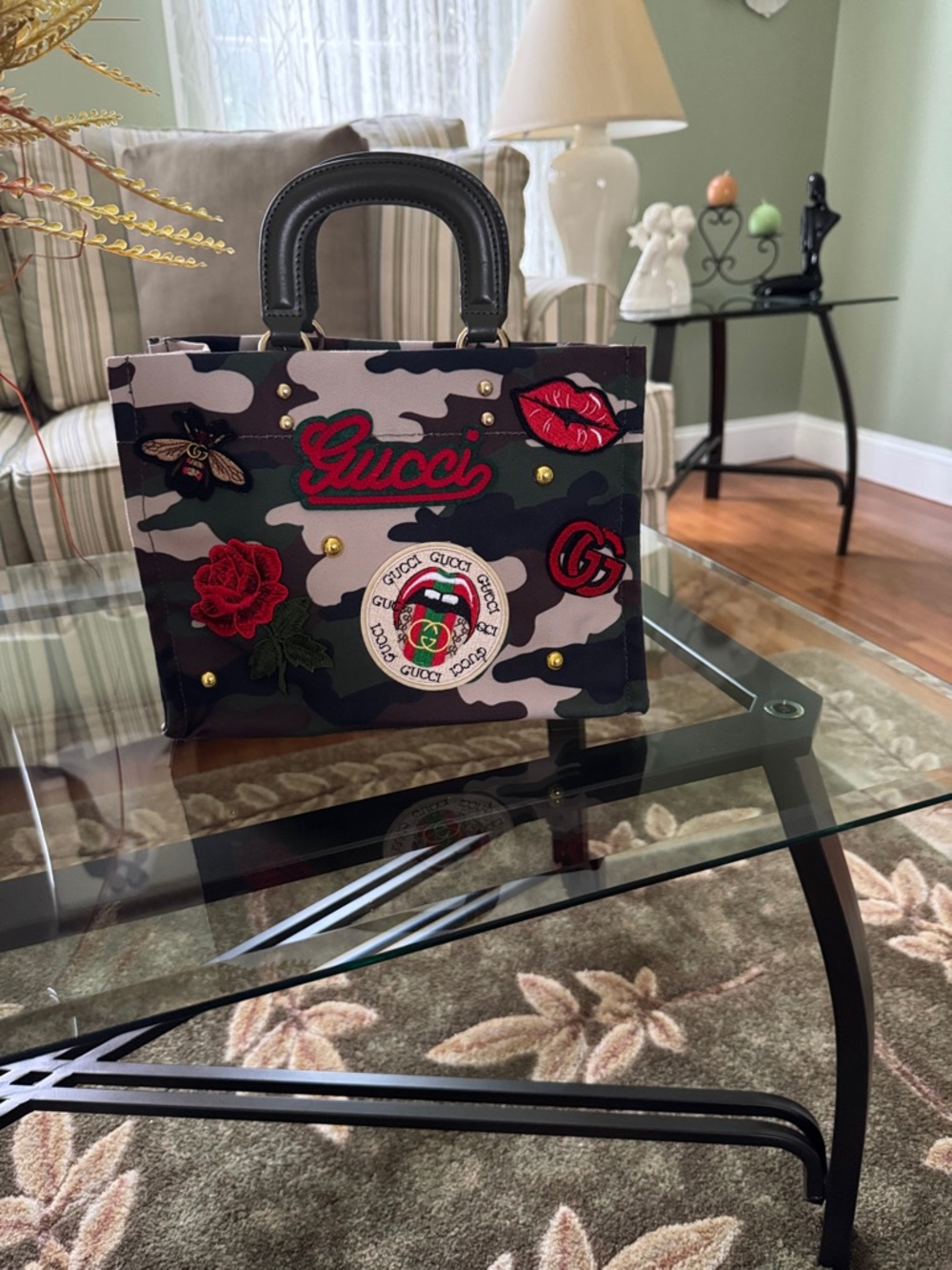 Designer-Inspired Camouflage Tote with Embroidered Patches - Black/Green